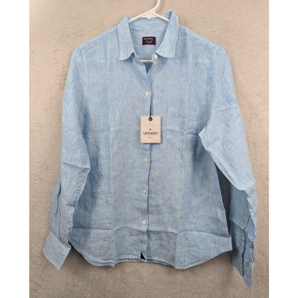 UNTUCKit Tops - Untuckit sz 8 100% Linen Shirt sherry blue & white stripes top 1438